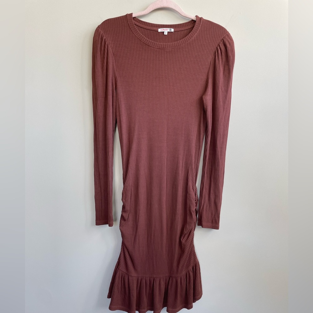 Sundry Long Sleeve Ribbed Bodycon Dress Side Hip Rouching Ruffle Hem